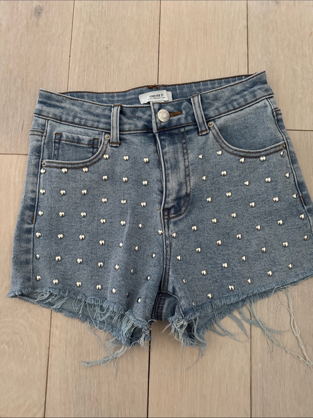Forever 21 Light Blue Studded High-Rise Denim Shorts